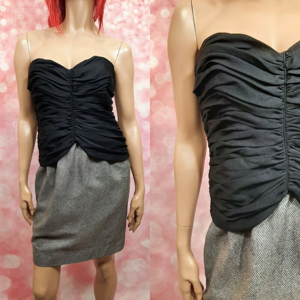 Vintage 80s Flora Kung Strapless Dress Sz M Black Grey Party Cocktail Silk Wool